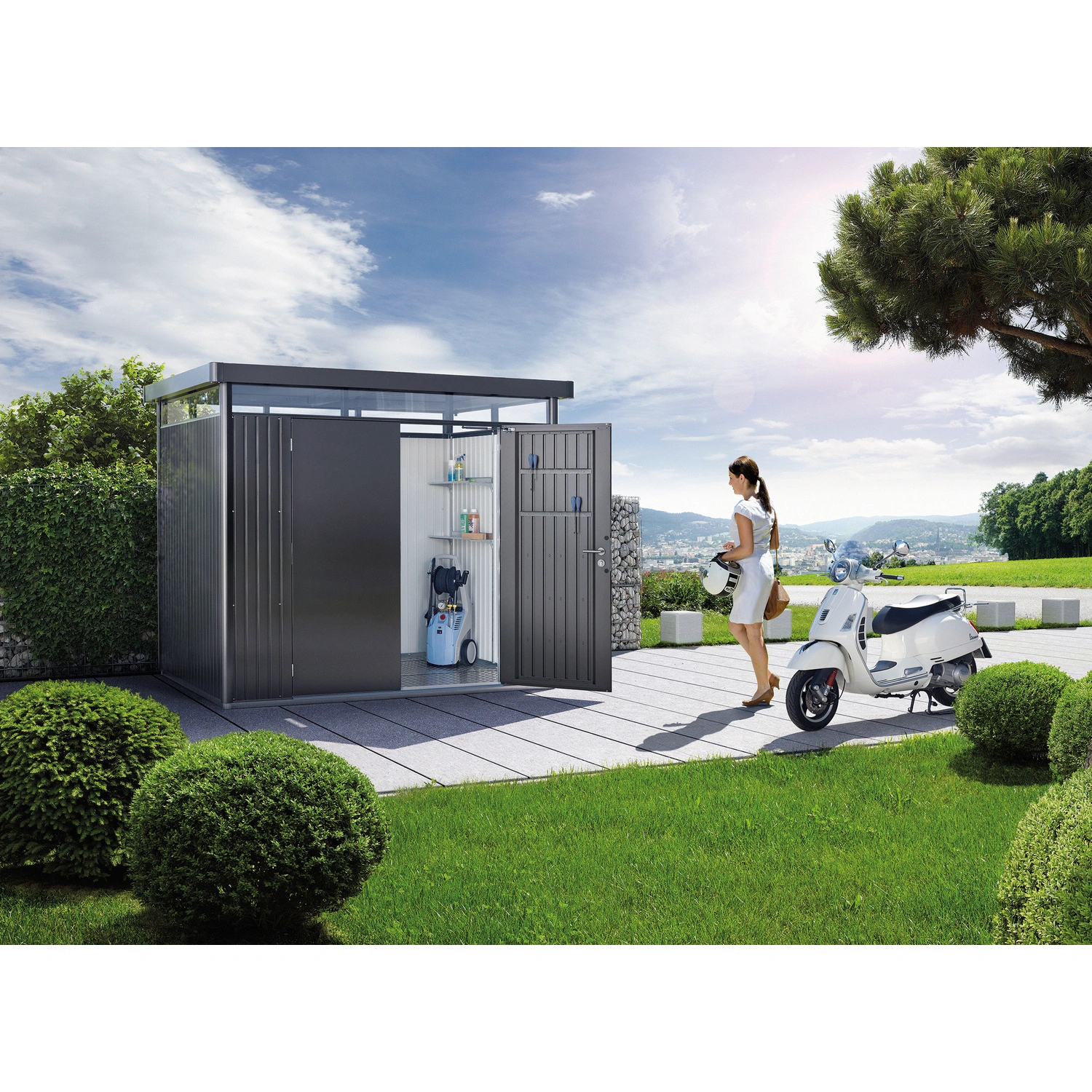 Biohort Gerätehaus »HighLine«, Stahl, BxHxT: 275 x 222 x 195 cm (Außenmaße inkl. Dachüberstand), dunkelgrau mit Einzeltür – Bild 2