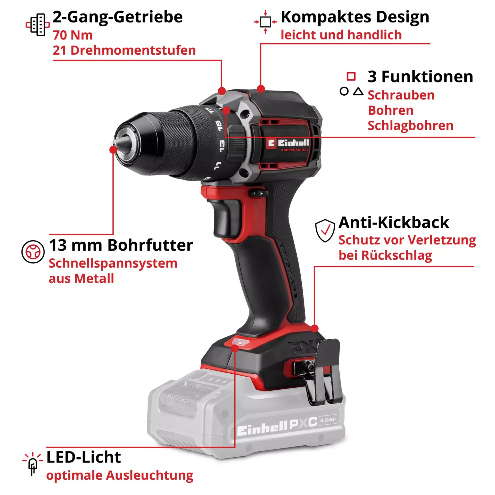 Einhell Akku-Schlagbohrschrauber »Professional« TP-CD 18/70-C Li-i BL, ohne Akku - VORBESTELLUNG MÖGLICH - LIEFERUNG ab 12.05.2026 – Bild 2