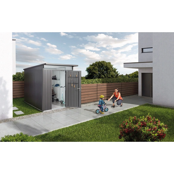 Biohort Gerätehaus »AvantGarde®«, Stahl, BxHxT: 174 x 218 x 254 cm (Außenmaße inkl. Dachüberstand), dunkelgrau mit Einfachtür – Bild 2