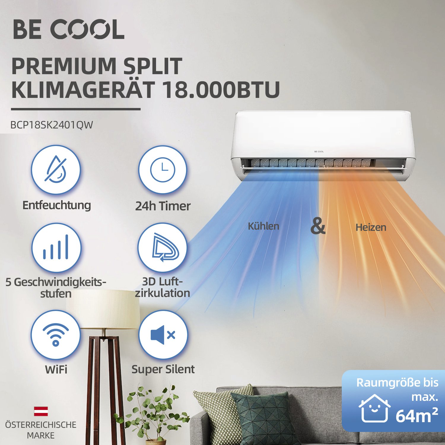 BE COOL Premium Split-Klimagerät 18000 BTU Weiß – Bild 3