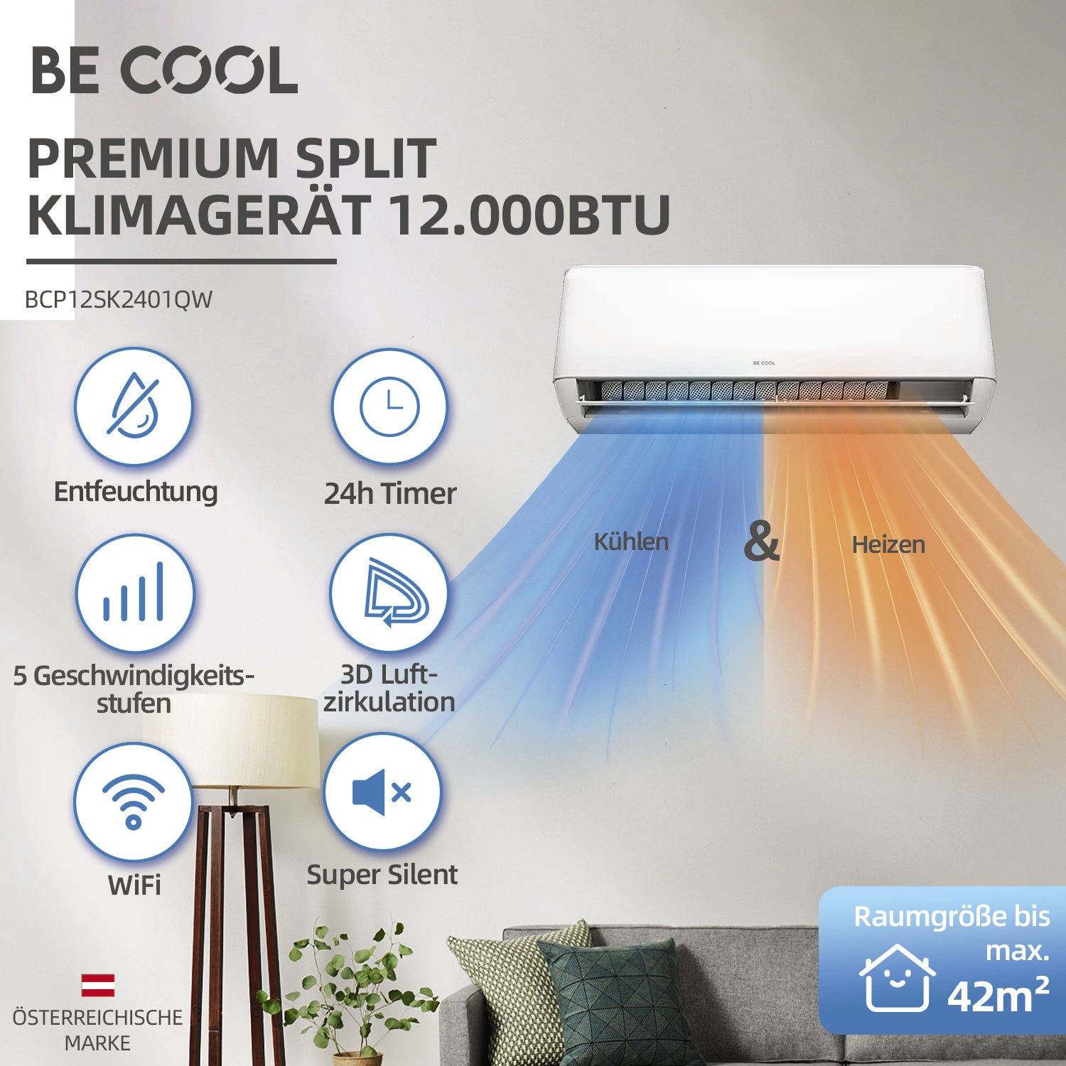 BE COOL Premium Split-Klimagerät 12000 BTU Weiß – Bild 3